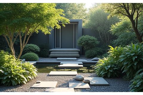 명상을 위한 조용하고 평화로운 야외 정원, 연못과 돌길이 어우러진