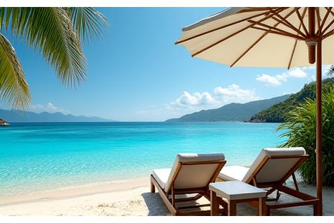 이국적인 풍경의 해변 리조트, 푸른 바다와 편안한 휴식을 상징하는 파라솔